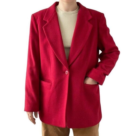 Vintage 90s Womens Cherry Red Wool Cashmere Single Breasted Oversized Blazer - Picture 1 of 11